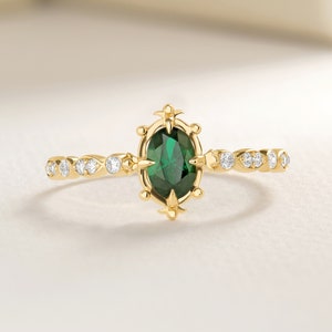 Oval Emerald Art Deco Ring: 14K Gold Diamond Band, Green Birthstone Ring