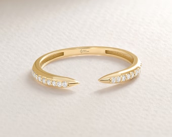 14k Gold Small Diamond Spike Stacking Ring, Pave Tiny Moissanite Minimalist Open Cuff Adjustable Band, Solid Gold Crescent Moon Ring for Her