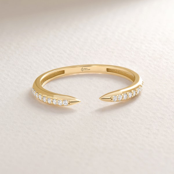 Open Cuff Spike Ring 14K Solid Gold Diamond Band, Open Adjustable Ring Crescent Moon Stacking Ring, Tiny Moissanite Daily Sharp Ring Women