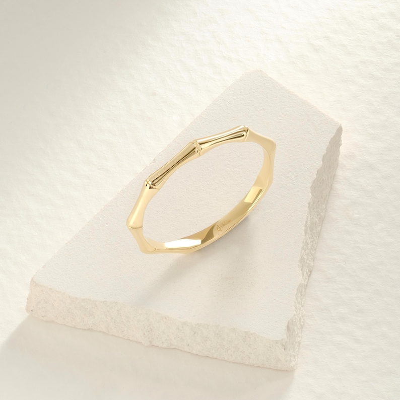 14K Solid Gold Bamboo Ring, Dainty Boho Stacking Ring for Women ...