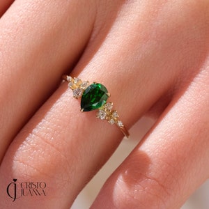 Pear Emerald Engagement Ring Side Diamond 14K Solid Gold, Personalized Emerald Ring Teardrop Birthstone Wedding Ring Women