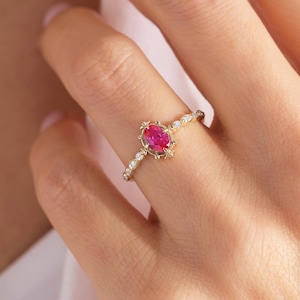 Ruby Engagement Ring: 14K Gold Art Deco Ruby Birthstone with Thin Diamond Wedding Band