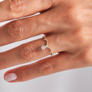 V Shaped Round Diamond Ring, 14K Gold Chevron Wavy Moissanite Curved Contour Wishbone Ring