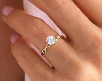 Diamond Twig Engagement Ring 14K Solid Gold: Leaf Moissanite Band Tree Branch Wedding Ring