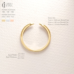 Ring Features & Details 📐
Metal Options: 10K, 14K, 18K solid gold

Photographed in: 14K Yellow Gold

Color Options: Yellow Gold, White Gold, Rose Gold

Band Width: Min 1.60 mm – Max 2.15 mm

Band Thickness: Min 1.20 mm – Max 1.75 mm

Stones:

Default: High-quality Cubic Zirconia
 • 2 pcs x 0.80 mm round cut
 • 6 pcs x 1.00 mm round cut
 • 8 pcs x 1.10 mm round cut

Optional: Upgrade to pavé tiny moissanite for extra sparkle ✨