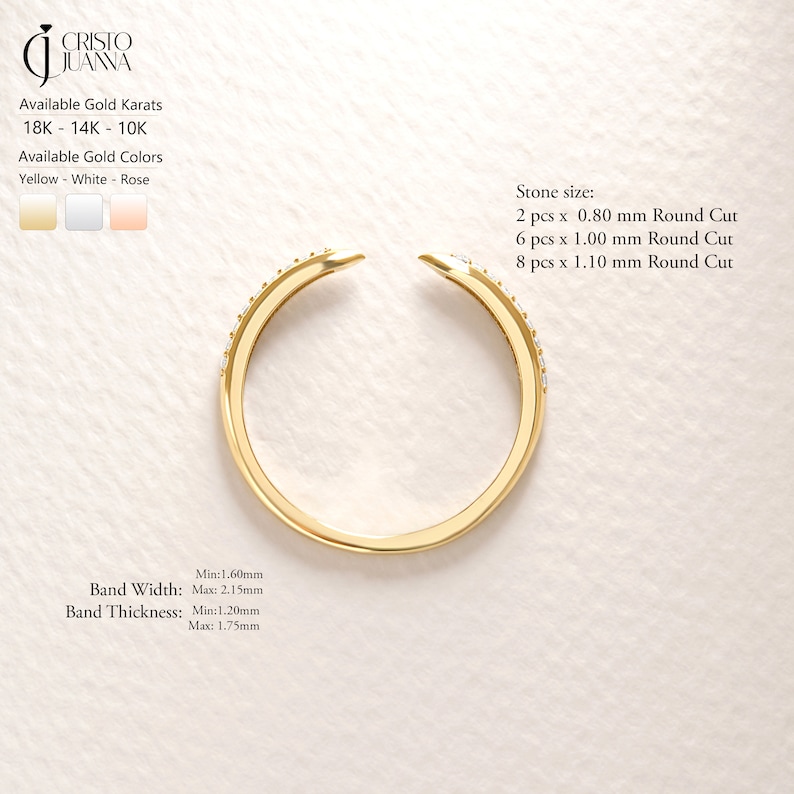 Ring Features & Details 📐
Metal Options: 10K, 14K, 18K solid gold

Photographed in: 14K Yellow Gold

Color Options: Yellow Gold, White Gold, Rose Gold

Band Width: Min 1.60 mm – Max 2.15 mm

Band Thickness: Min 1.20 mm – Max 1.75 mm

Stones:

Default: High-quality Cubic Zirconia
 • 2 pcs x 0.80 mm round cut
 • 6 pcs x 1.00 mm round cut
 • 8 pcs x 1.10 mm round cut

Optional: Upgrade to pavé tiny moissanite for extra sparkle ✨