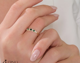 Cluster Gold Ring, 14K Emerald Engagement Ring Gifts, Half Eternity Birthstone Band, Dainty Wedding Ring Women, 10K Green Gemstone Ring