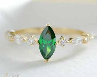 Marquise Emerald Engagement Ring, 14K Solid Gold Birthstone Ring with Simulated Diamond, Large Green Gemstone Wedding Ring Gift for Her