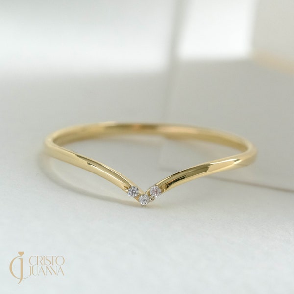 V Shaped Three Cz Diamond Curved Ring, Dainty Chevron Band Women, 14K Gold V Design Simple Wishbone Jewelry, Minimal Thin Enhancer Ring Girl