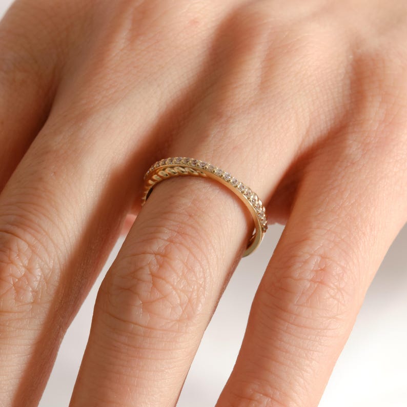 Criss Cross Diamond Ring 14K Solid Gold Twisted Rope Band 画像 2