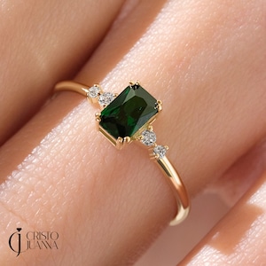 Emerald Cut Emerald Green Ring: 14K Gold Rectangle Birthstone Side Diamond or Moissanite Band