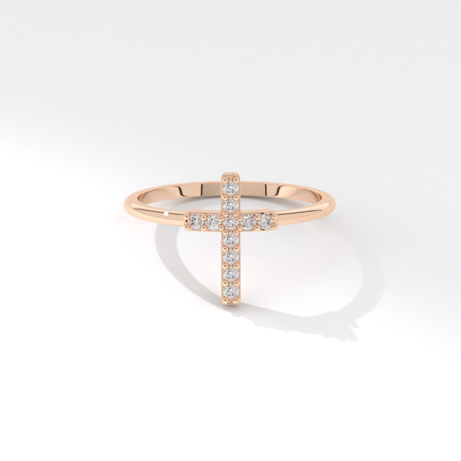 Cross Diamond Stackable Ring 14K Solid Gold Band, Thin Sideways Diamond ...