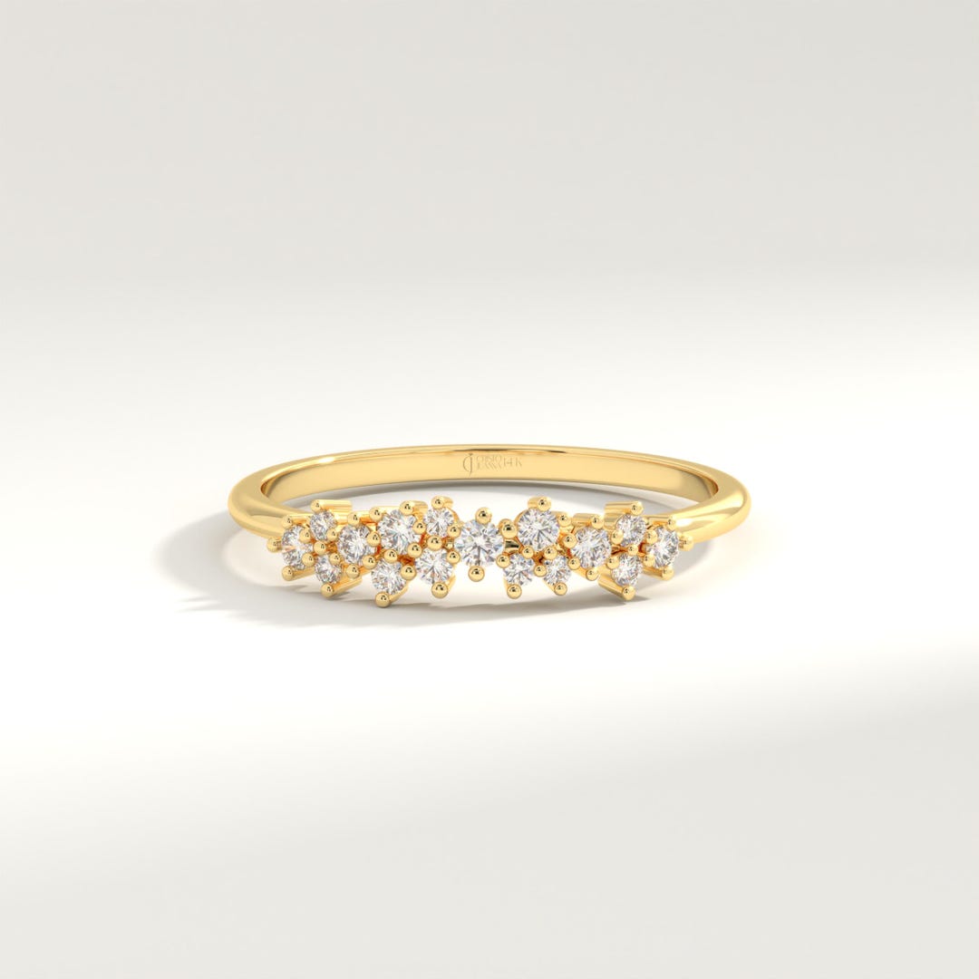 14K Solid Gold Floral Cluster Ring • Sparkling Stone Band • Stackable ...