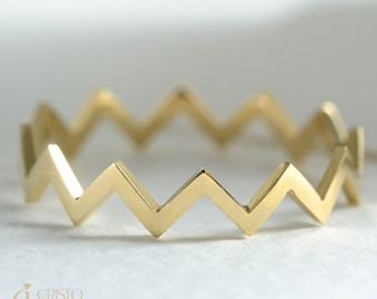 High and Low Stacking Gold Ring, Minimalist Double Wave Zig Zag Band Girl, 14K Real Gold Stacked Ring Her, Simple Everyday Best Friend Ring