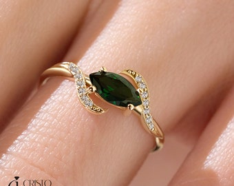 Marquise Emerald Engagement Ring, 14K Gold Marquise-Cut Birthstone Ring Diamond Accents