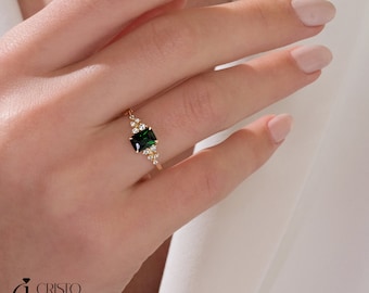 Emerald Cut Emerald Green Engagement Ring, 14K Gold May Birthstone Jewelry Women, Wedding Band Ring, Promise Ring Gift for Her