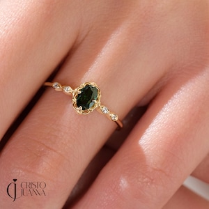 14K Solid Gold Emerald Ring, Halo Birthstone Jewelry Engagement Band, Green Gemstone with Diamond, Oval Emerald Ring with Dainty Moissanite