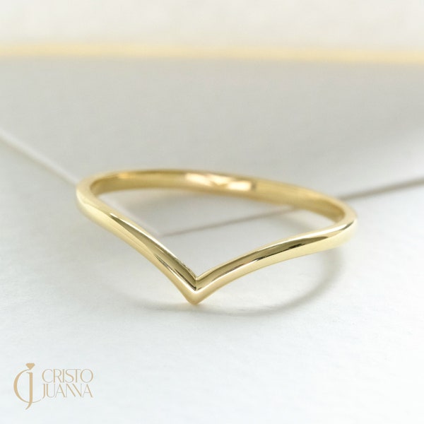 Gold V Shaped Ring, 18K 14K 10K Solid Gold Chevron Band, Minimalist Wishbone Arched Thin Thumb Ring, Midi Curved Stack Ring, Daily Wear Ring