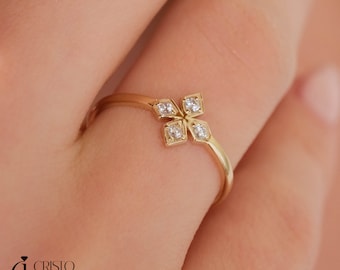 Four Diamond Ring Leaf Clover Wedding Ring 14K Solid Gold, Four Stone Ring Cross Religious Ring, Petite Dainty Diamond Ring