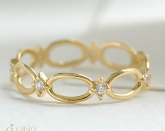 Diamond Chain Ring 14K Solid Gold, Open Link Engagement Band with Jewelry, Minimalist Eternity Ring Moissanite, Unique Wedding Ring Gifts