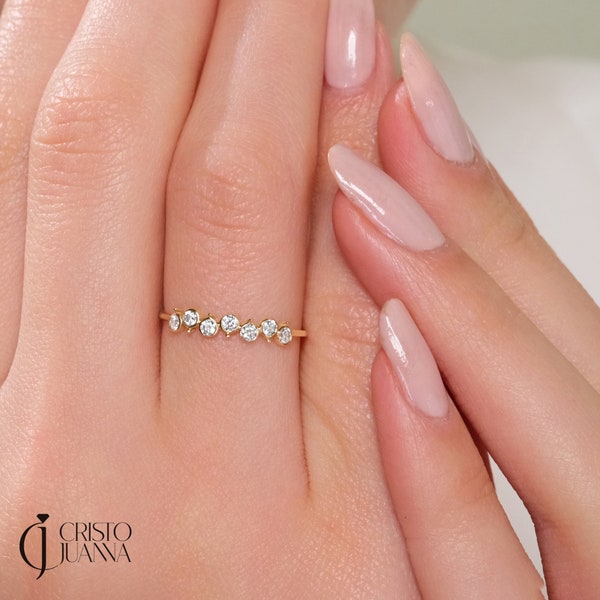 Bezel Diamond Wedding Ring, 14K Solid Gold Half Eternity Cluster Moissanite Band