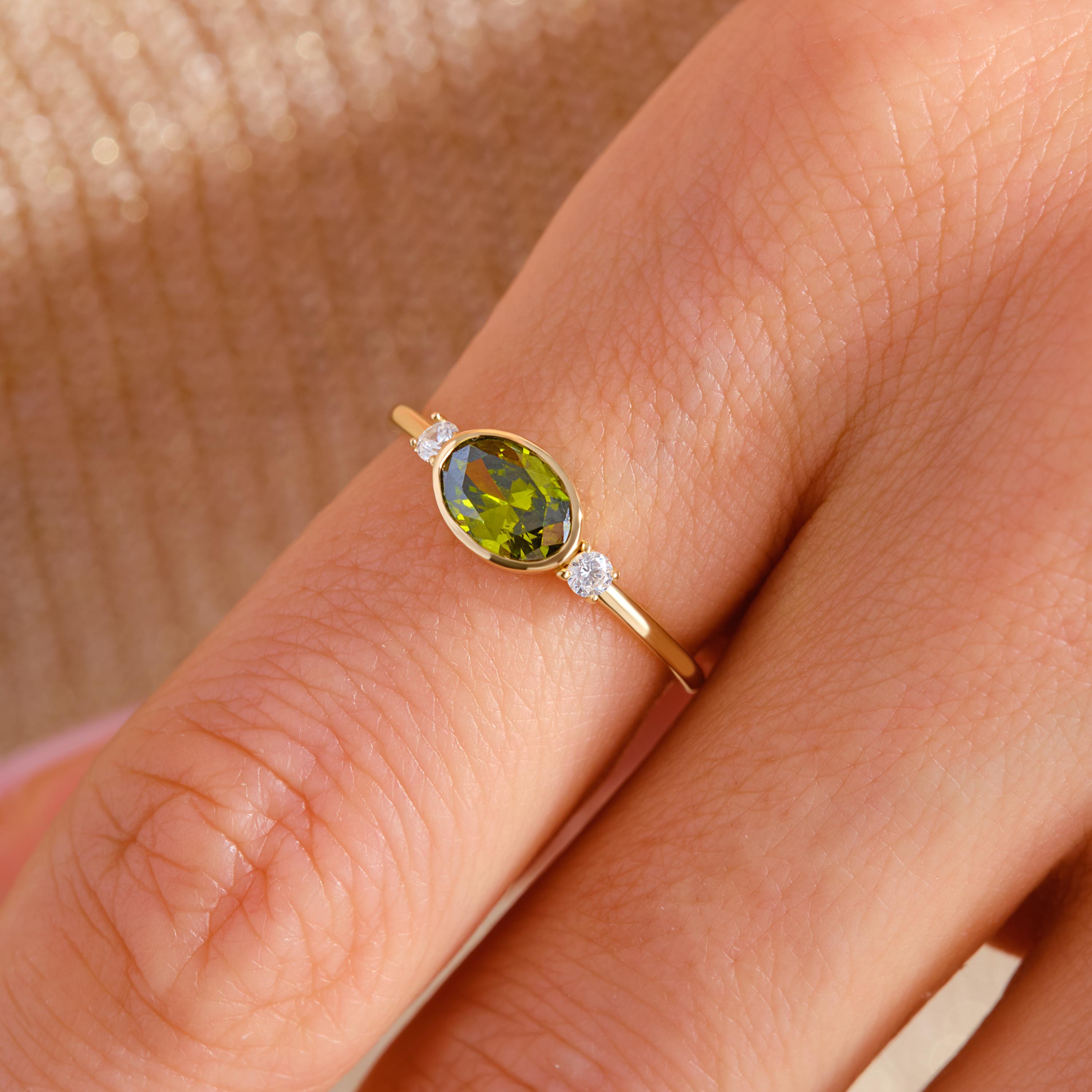 14K Gold Peridot Ring, Oval Green Wedding Ring Small Side Diamond Band, 10K 14K 18K Solid Gold Bezel Birthstone Ring Summer Engagement Gift