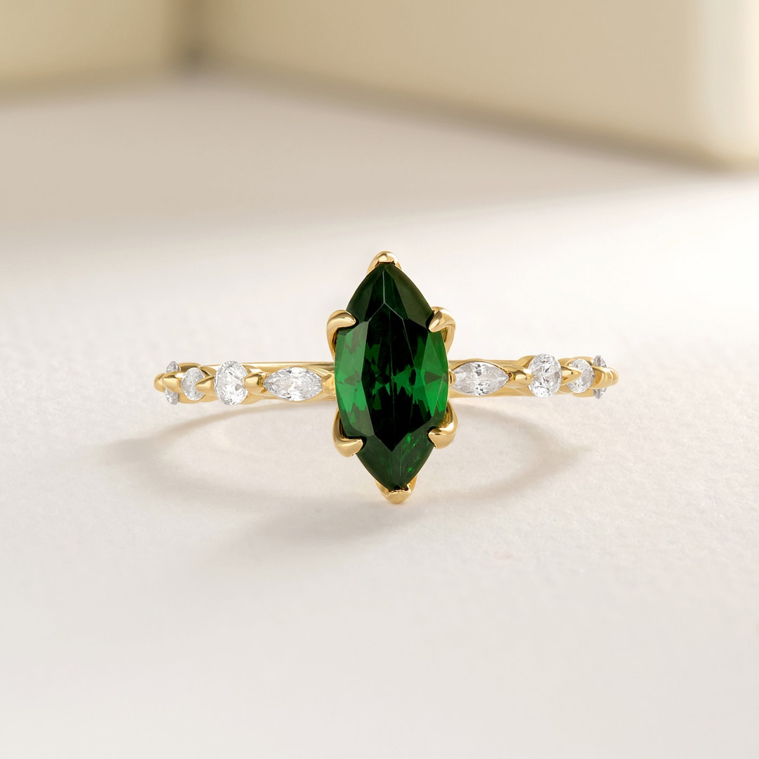 Marquise Emerald Engagement Ring 14K Solid Gold Side Diamond Band Large ...