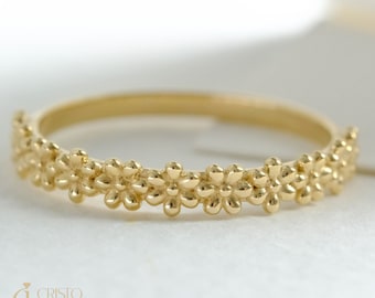 Floral Wedding Band 14K Solid Gold Daisy Ring, Flower Engagement Ring Half Eternity Band Women, Minimalistic Blossom Botanical Rings