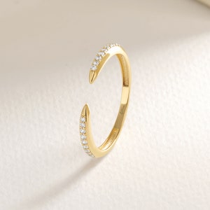Here's the 14k Gold Small Diamond Spike Stacking Ring by Christo! Our Pave Tiny Moissanite Minimalist Open Cuff Adjustable Band is perfect Stackable and Daily Wear Ring for Girls. Solid Gold Crescent Moon Ring is designed as Index Finger Ring