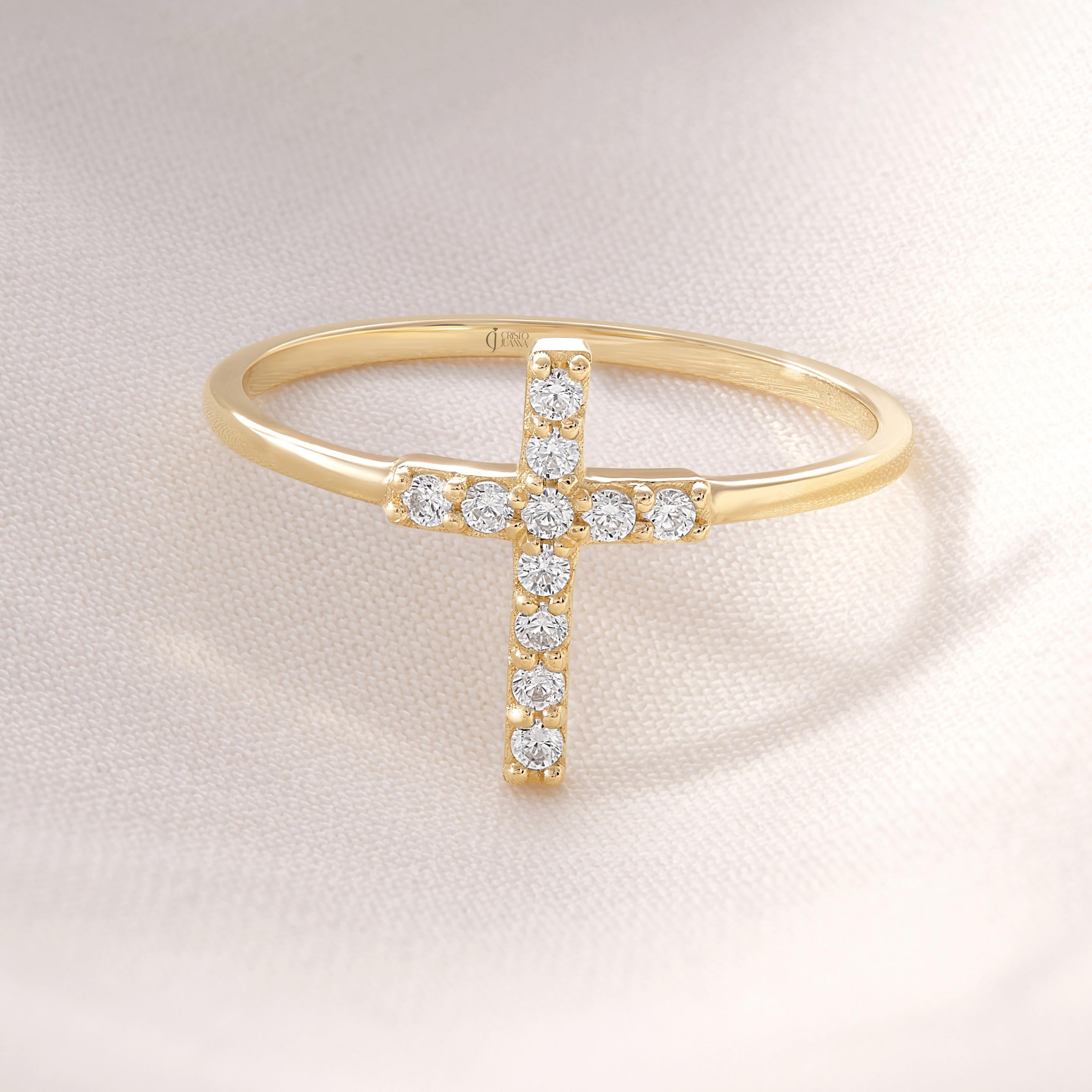 Cross Diamond Stackable Ring 14K Solid Gold Band, Thin Sideways Diamond ...