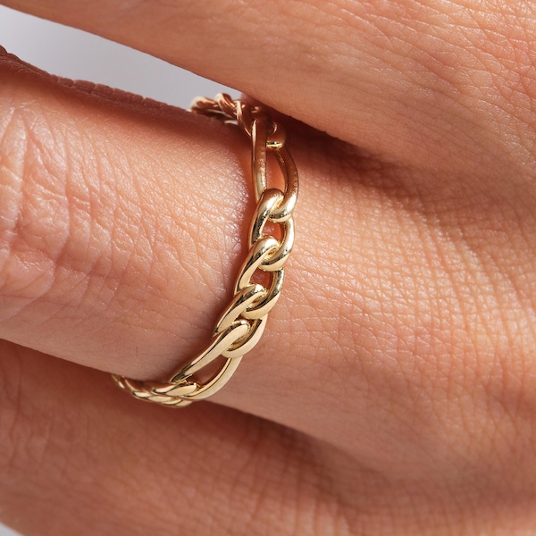 14K Solid Gold Chain Link Ring: Stackable Minimalist Band Multi-Chain Ring for Women