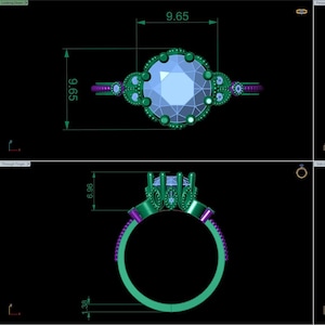 May include: A digital CAD rendering of a ring featuring a large, round, light blue center stone set in a green metal band. The design includes intricate green metal detailing around the stone. Dimensions shown are 9.65 inches by 9.65 inches.