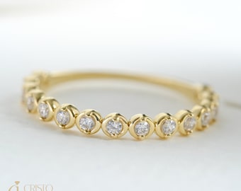 Bezel Set Diamond Ring: 14K Solid Gold Half Eternity Wedding Band