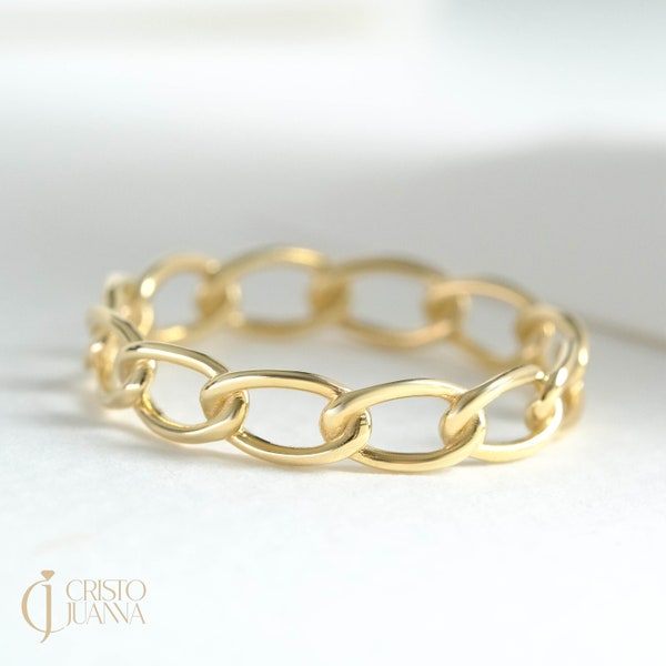 Chain Link Stackable Ring 10K 14K 18K Solid Gold, Dainty Open Multi Link Ring for Everyday Wear, Modern Knuckle Midi Ring for Women