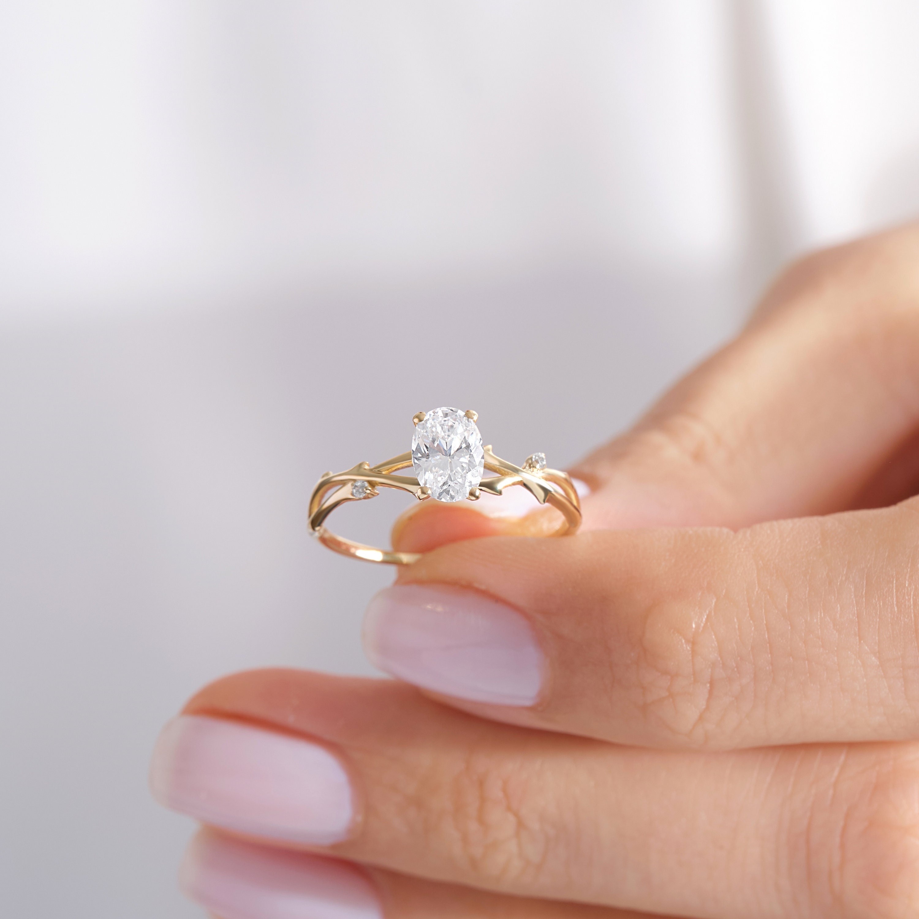 Oval Moissanite Twig Engagement Ring: 14K Gold Leaf Wedding Band