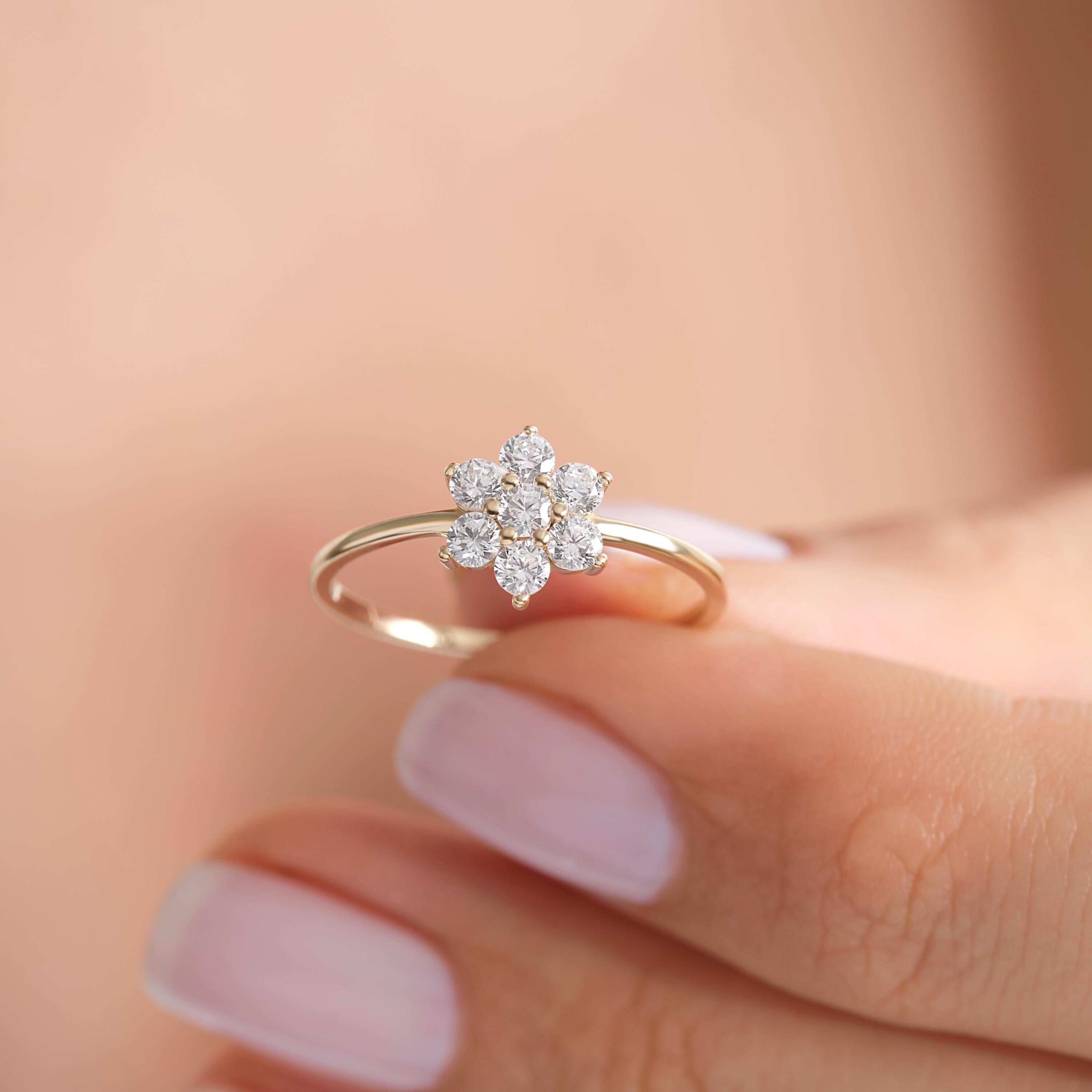 ★daisy★♡14kgf Daisy Diamond Engagement Ring 14K Solid Gold, Floral Flower