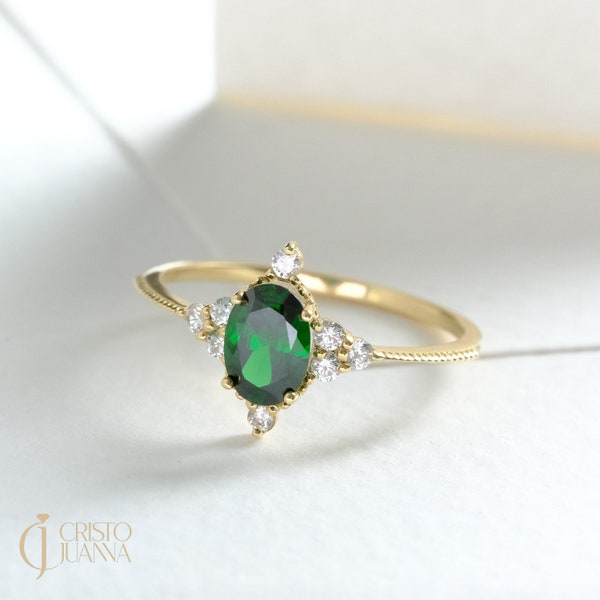 Emerald Green Jewelry Ring with Diamond, 14K Solid Real Gold, Engagement Gifts, May Birthstone Rings, Handmade Jewelry, Wedding Ring