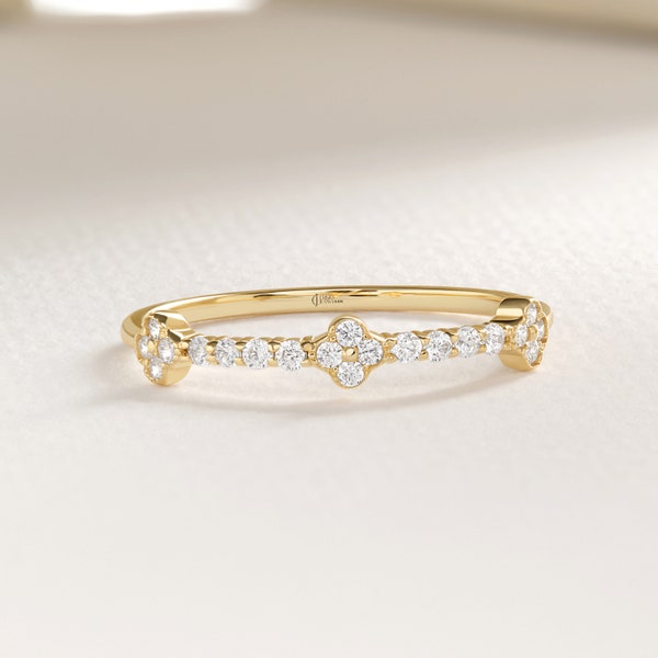 Dainty Dotted Diamond First Anniversary Ring, 14K Gold Moissanite Ring Her, Engravable Birthday Jewelry, Half Eternity Pave Set Petite Ring