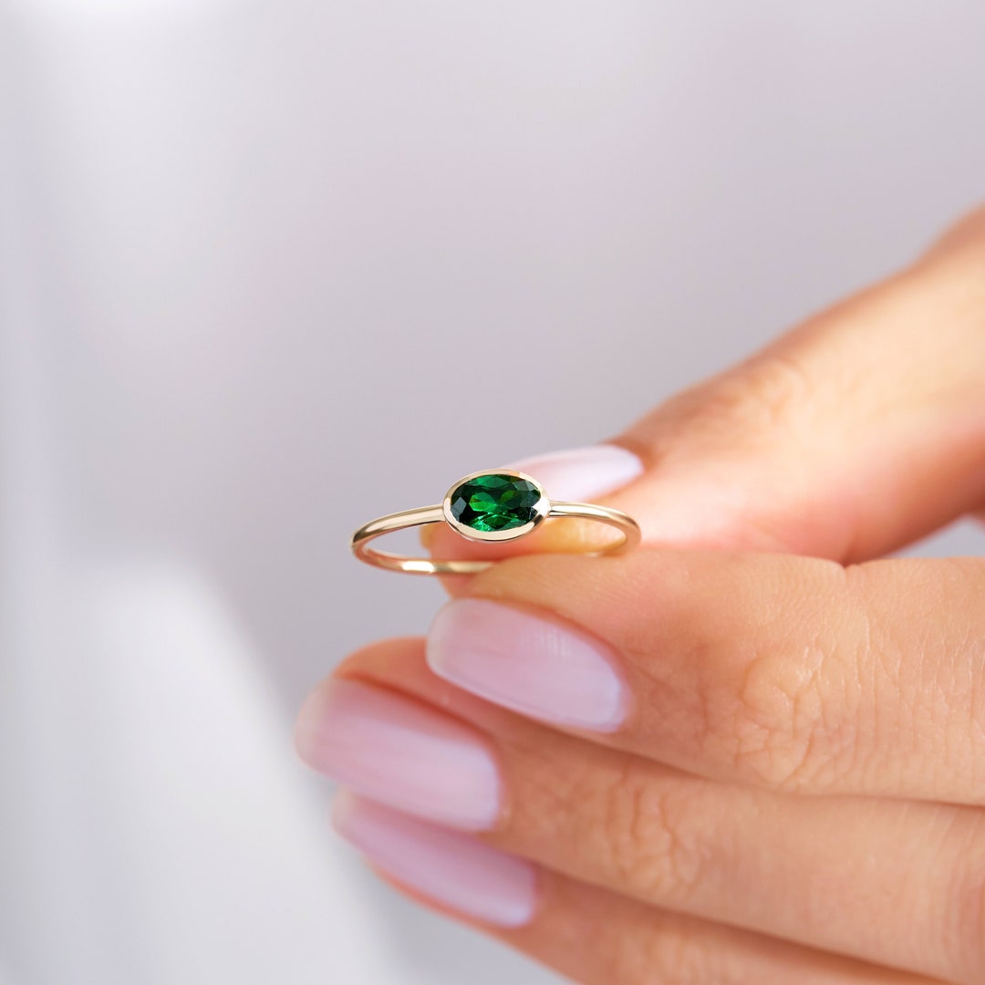 Oval Emerald Ring Bezel Set 14K Solid Gold Band, Customizable Solo ...