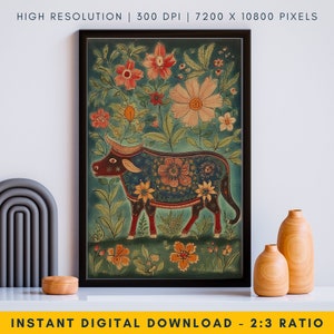 Green Eclectic Highland Cow Pichwai Painting - Modern & Ethnic Blend, Digital Download Gift for Art Lovers