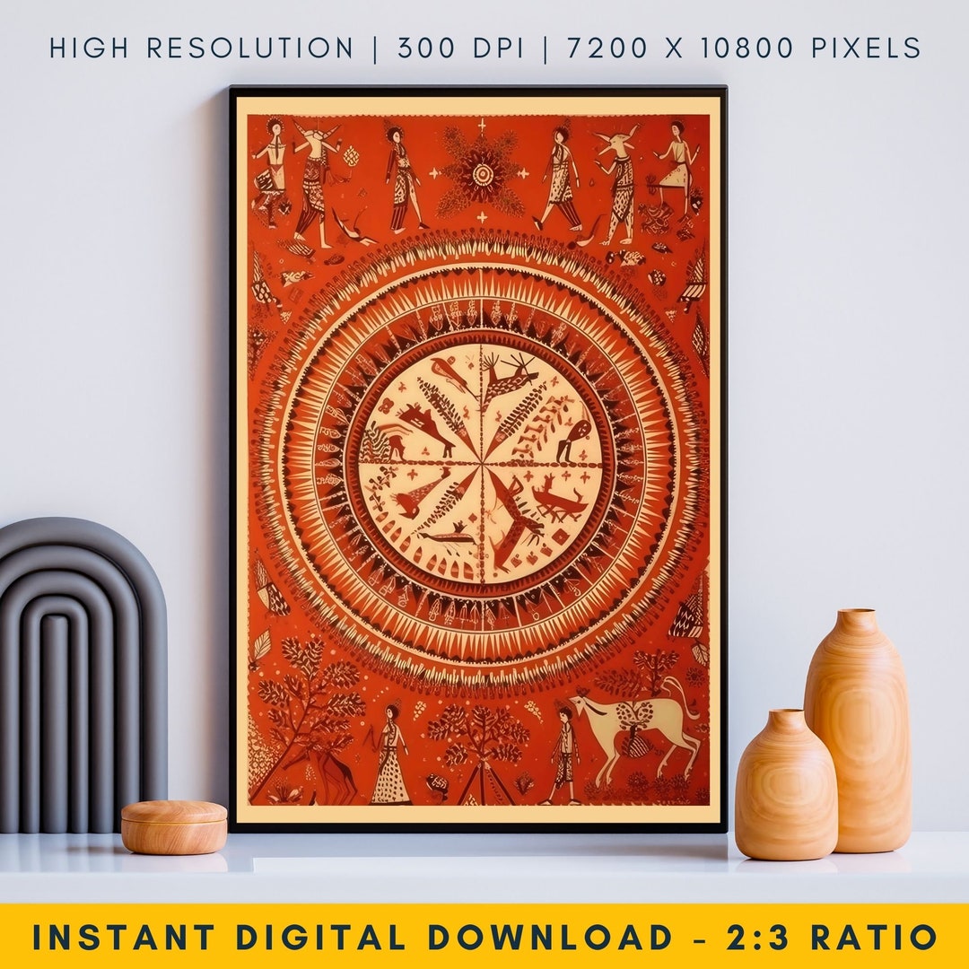 Red Indian Warli Painting, Warli Tribal Indian Folk Art Painting