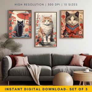 Whimsical Cat Art Work - Japanese Ukiyo E Style Woodblock Painting, Digital Download for Home Decor, Unique Gift for Cat Lovers