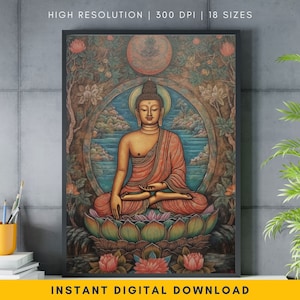 Heitere, farbenfrohe Buddha-Wandkunst – Großes Buddha-Gemälde in Lotusposition, traditionelles buddhistisches Dekor, spirituelles Wohndekor, Zen-Buddha-Poster