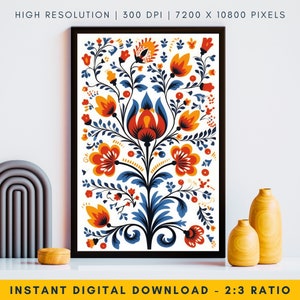 Norwegian Folk Art Print - Floral Scandinavian Decor, Scandinavian Art, Swedish Folk Art, Ethnic Home Decor, Living Room Wall Art