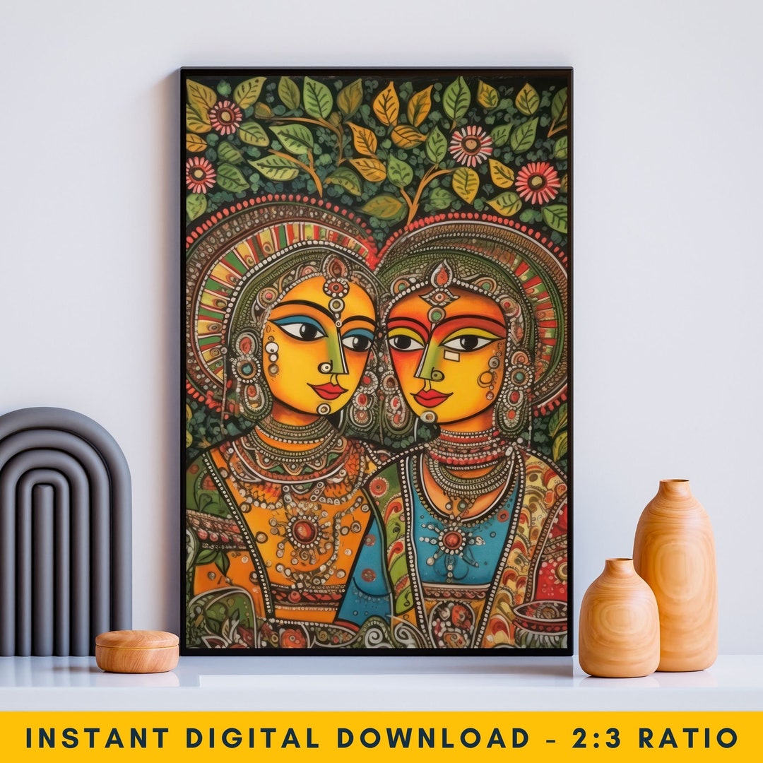 Indian Madhubani Painting, Madhubani Wall Art, Vintage Indian Folk Art