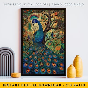 Regal Peacock Wall Art, Vibrant Peacock Painting, Peacock Art Print, Indian Folk Art, Traditional Indian Art, Animal Wall Decor