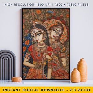 Enchanting Madhubani Painting - Dual Feminine Elegance, Traditional Indian Folk Art Painting, Mithila Painting, Madhubani Wall Art