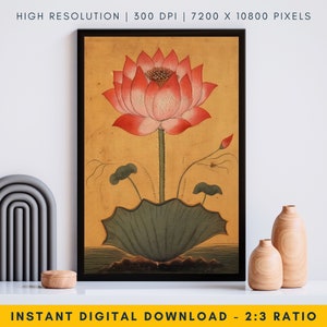 Vintage Lotus Flower Funky Artwork, Beautiful Flower Painting, Pichwai Lotus Painting Indian Folk Art, Botanical Art Print, Zen Wall Art