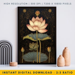 Pichwai Lotus Flower Wall Art, Black Traditional Flower Painting, Vintage Lotus Painting Indian Folk Art, Floral Art Print, Zen Wall Art