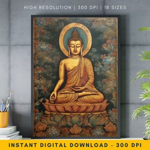 Serene Large Buddha Painting, Calming Buddha Wall Art, Buddha Artwork, Indian Folk Art, Tibetan Buddhism Lover Gift, Spiritual Home Decor